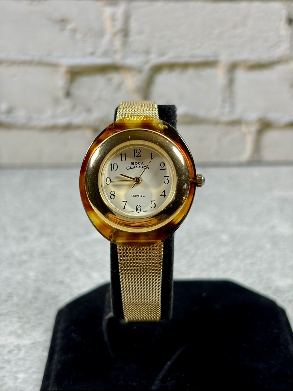 Boca Classics Tortoiseshell Gold Tone Quartz Watch Mesh Band New Battery